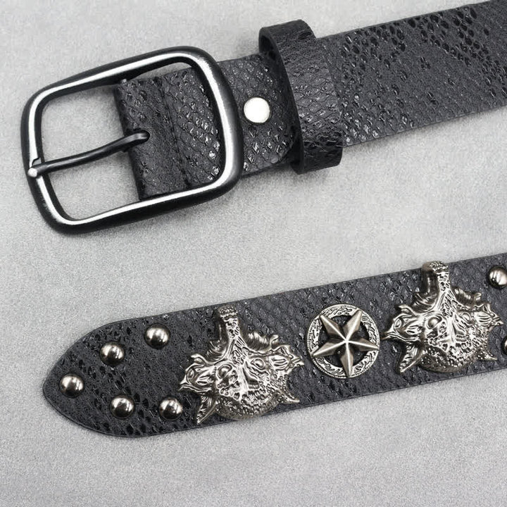 Antique Silver Wolf Head Rivet Black Snakeskin Print Leather Belt