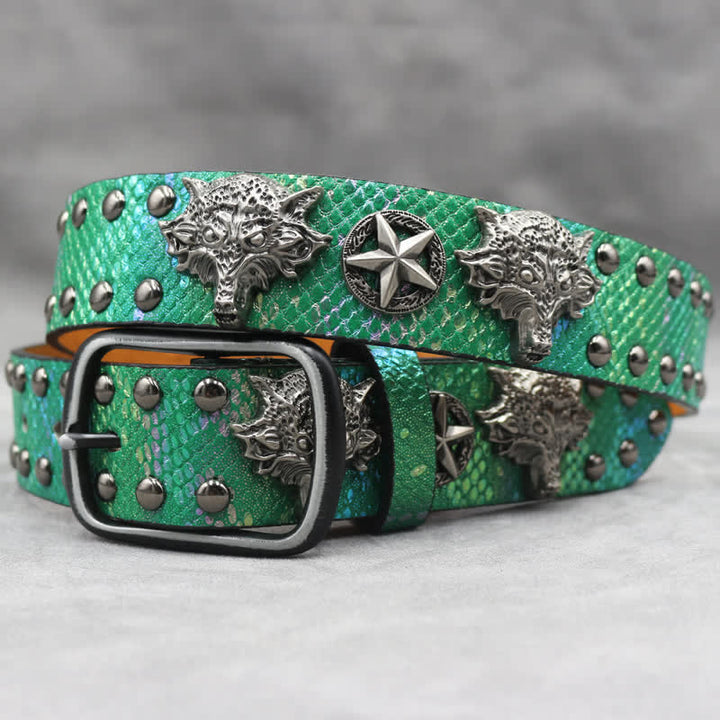 Antique Silver Wolf Head Rivet Black Snakeskin Print Leather Belt - Green - 44 - image 10