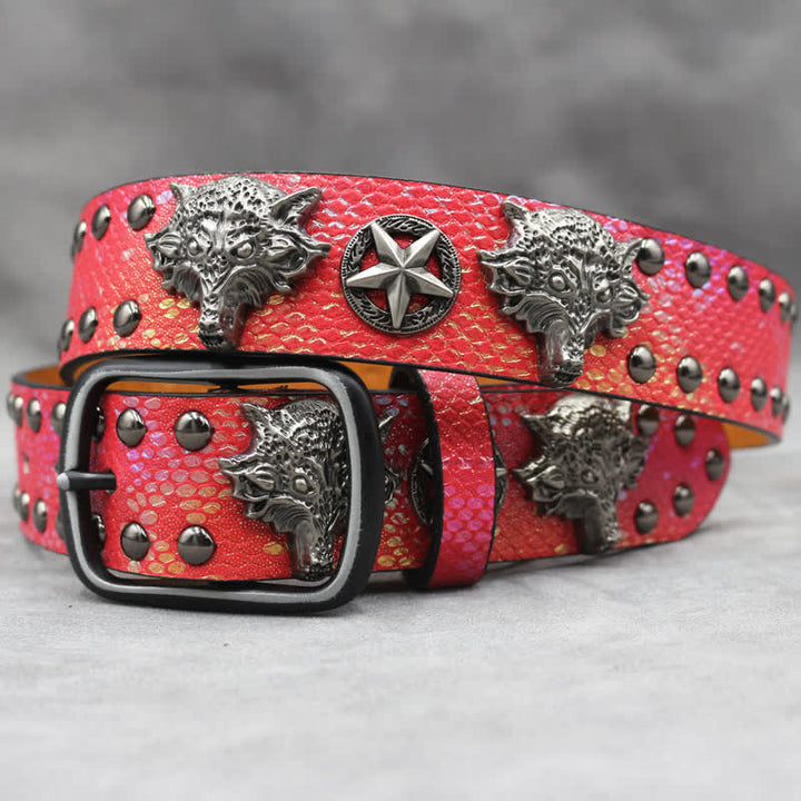 Antique Silver Wolf Head Rivet Black Snakeskin Print Leather Belt - Red - 44 - image 8
