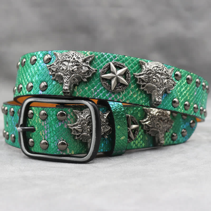 Antique Silver Wolf Head Rivet Black Snakeskin Print Leather Belt - Green - 44 - image 10
