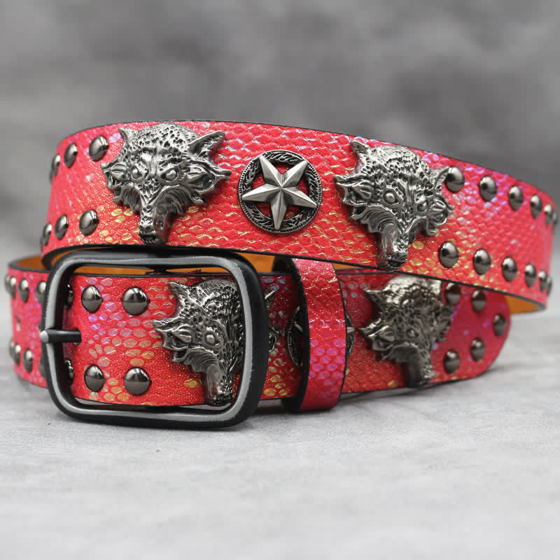 Antique Silver Wolf Head Rivet Black Snakeskin Print Leather Belt - Red - 44 - image 8