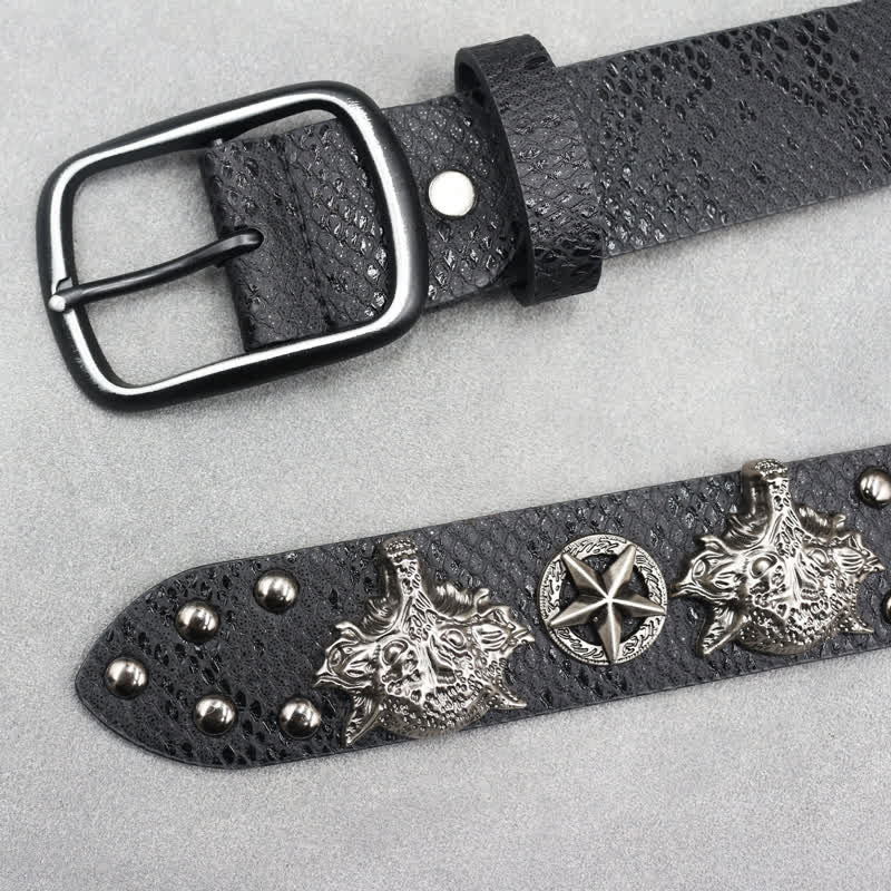 Antique Silver Wolf Head Rivet Black Snakeskin Print Leather Belt - image 2