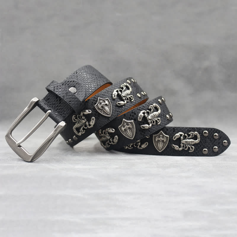 Antique Silver Scorpion Rivet Black Snakeskin Print Leather Belt - image 1