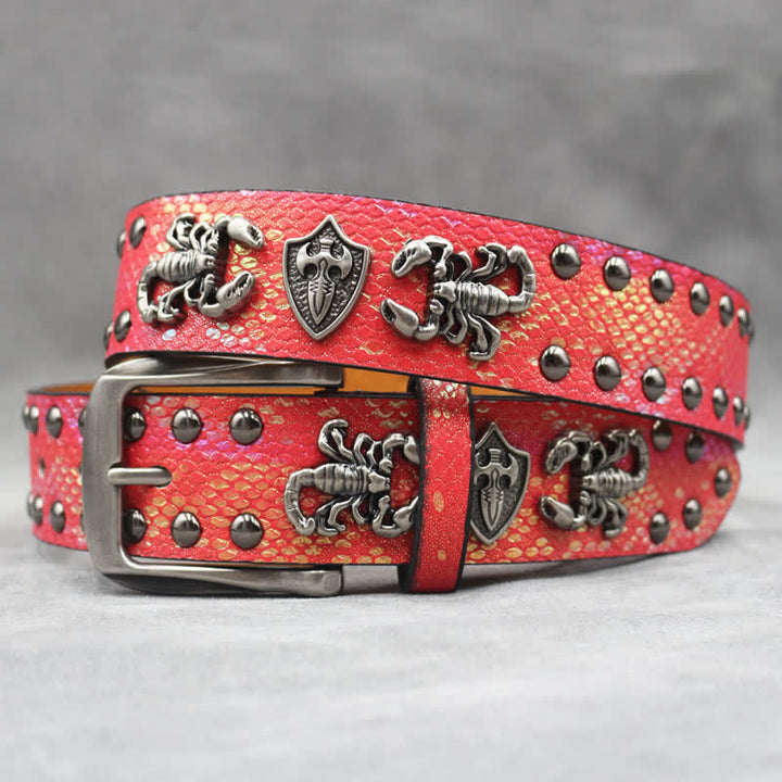 Antique Silver Scorpion Rivet Black Snakeskin Print Leather Belt