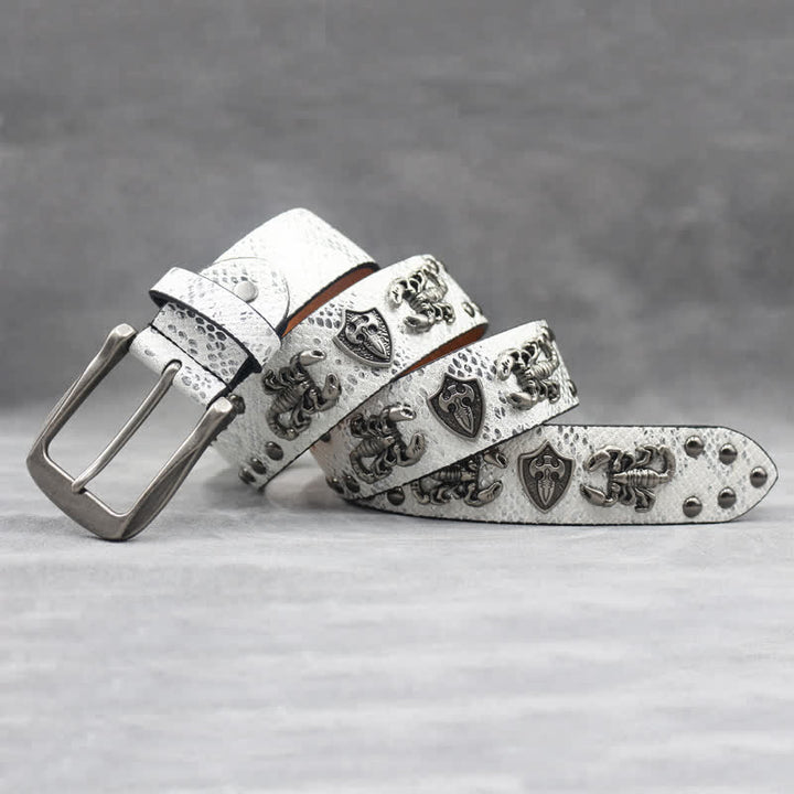 Antique Silver Scorpion Rivet Black Snakeskin Print Leather Belt