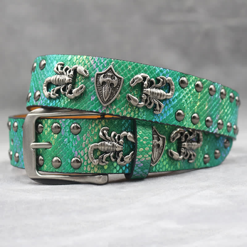 Antique Silver Scorpion Rivet Black Snakeskin Print Leather Belt - Green - 44 - image 12