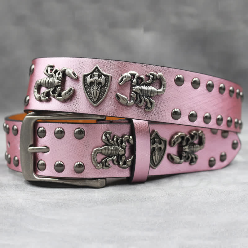 Antique Silver Scorpion Rivet Black Snakeskin Print Leather Belt - Pink - 44 - image 16