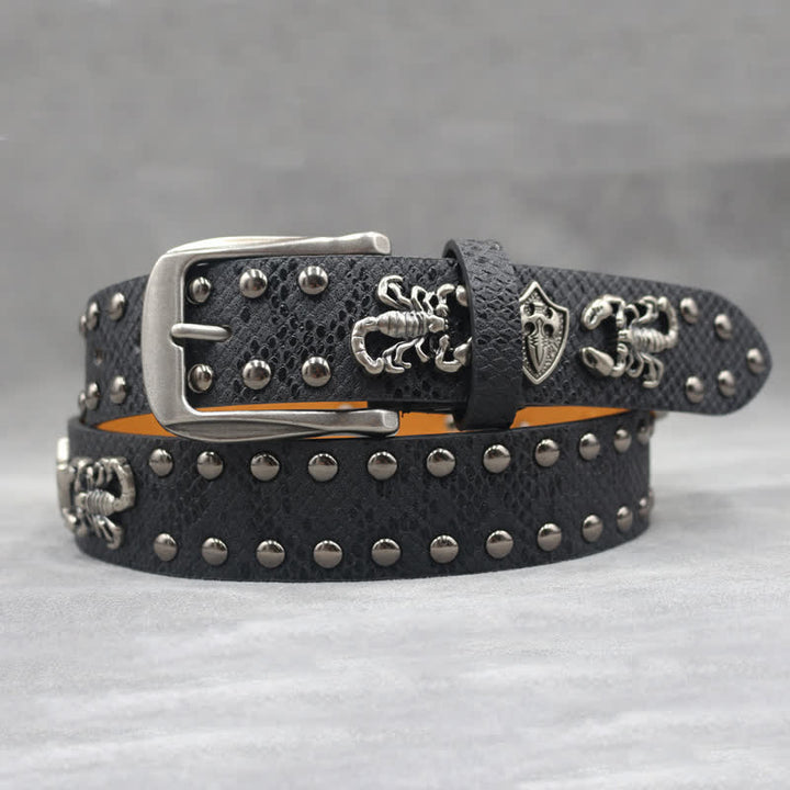 Antique Silver Scorpion Rivet Black Snakeskin Print Leather Belt - image 4