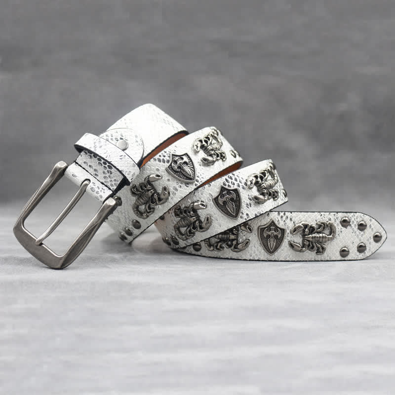 Antique Silver Scorpion Rivet Black Snakeskin Print Leather Belt - image 7