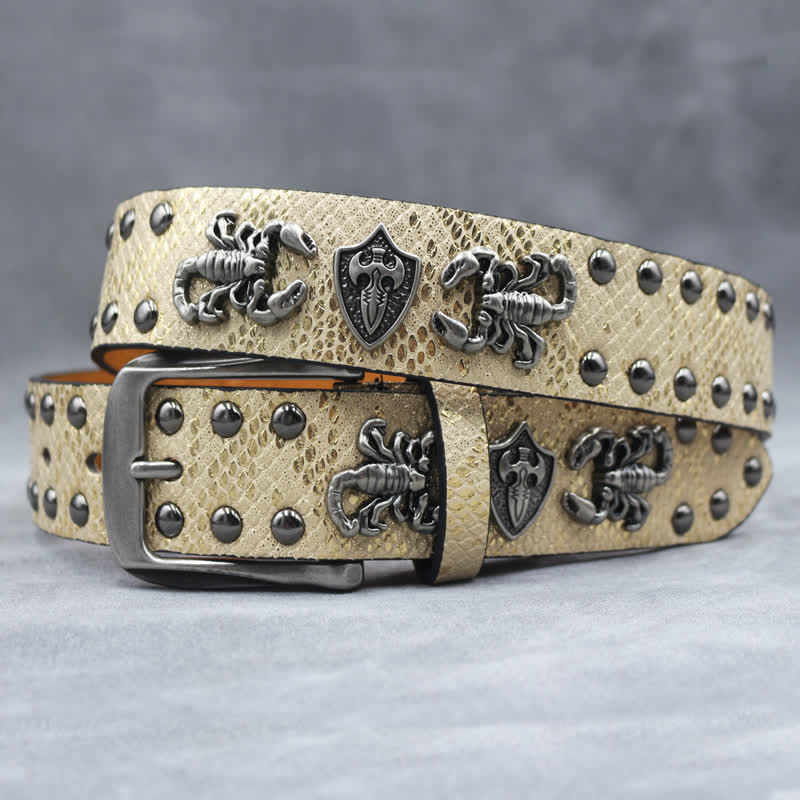 Antique Silver Scorpion Rivet Black Snakeskin Print Leather Belt - Gold - 44 - image 8