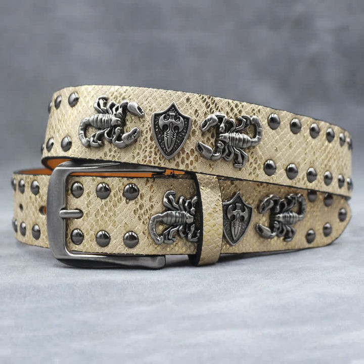 Antique Silver Scorpion Rivet Black Snakeskin Print Leather Belt - Gold - 44 - image 8