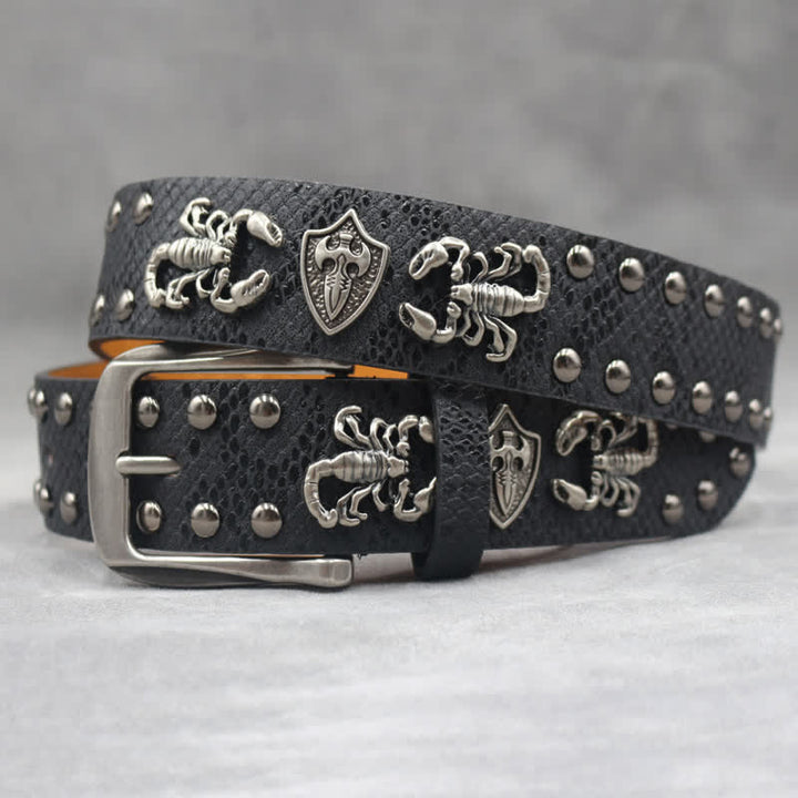 Antique Silver Scorpion Rivet Black Snakeskin Print Leather Belt
