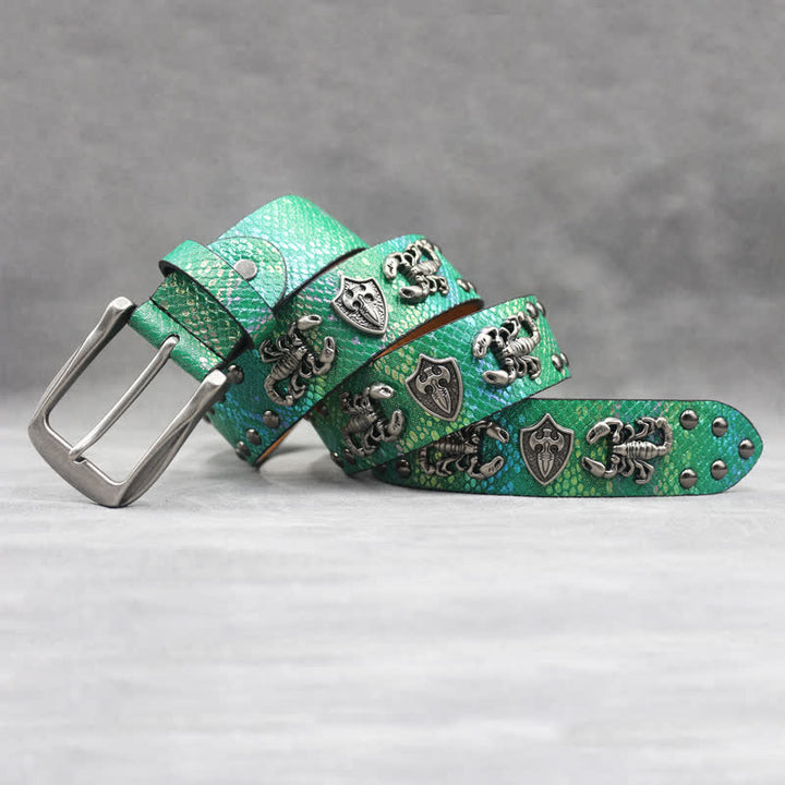Antique Silver Scorpion Rivet Black Snakeskin Print Leather Belt - image 13