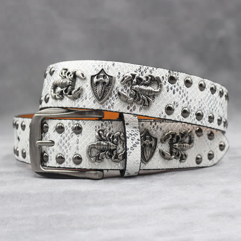 Antique Silver Scorpion Rivet Black Snakeskin Print Leather Belt - White - 44 - image 6