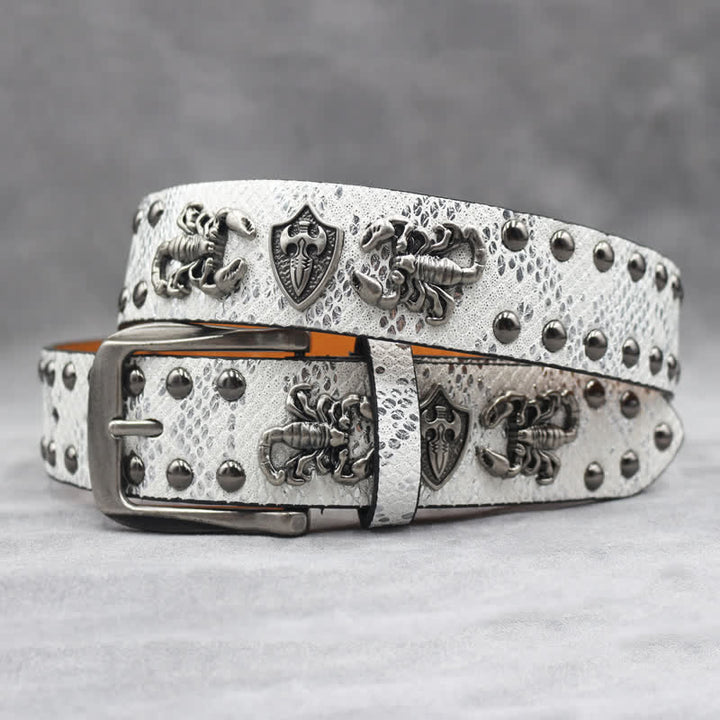 Antique Silver Scorpion Rivet Black Snakeskin Print Leather Belt - White - 44 - image 6