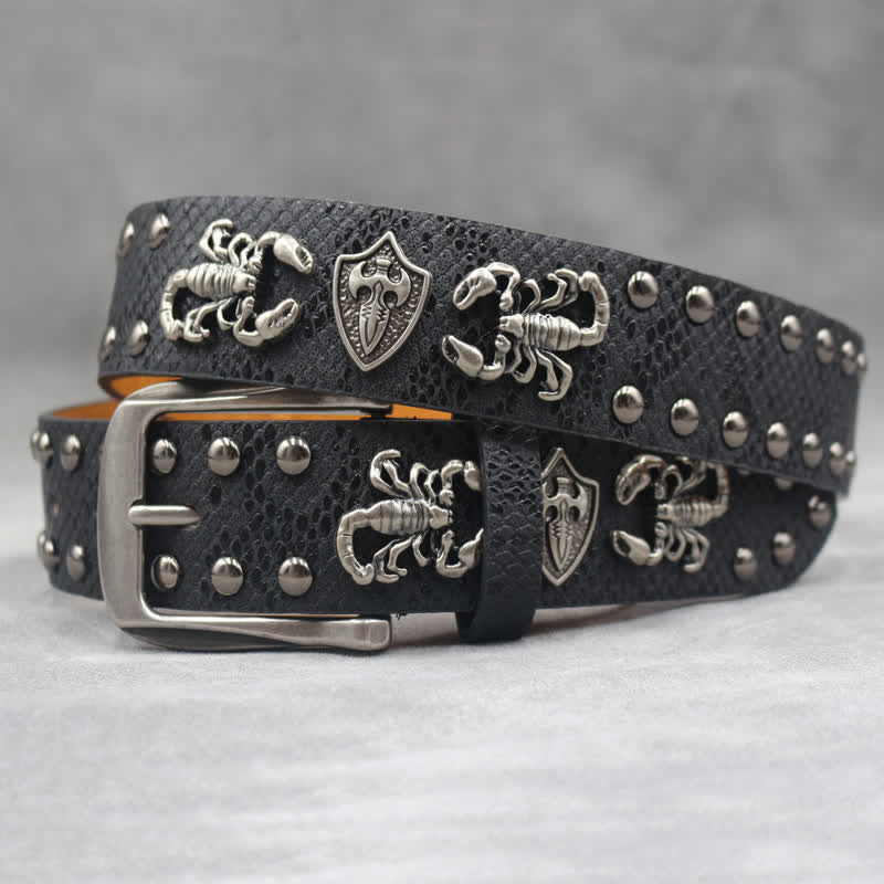 Antique Silver Scorpion Rivet Black Snakeskin Print Leather Belt - Black - 44 - image 0