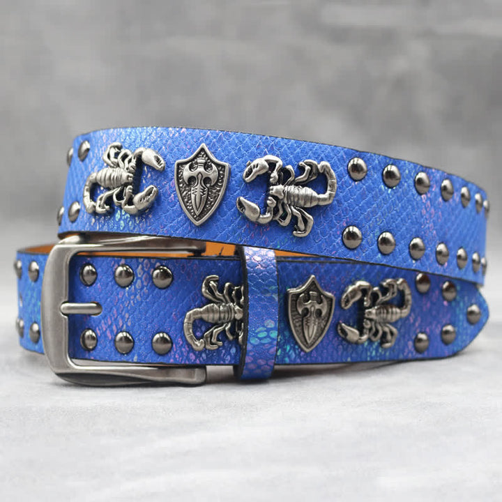 Antique Silver Scorpion Rivet Black Snakeskin Print Leather Belt - Blue - 44 - image 14