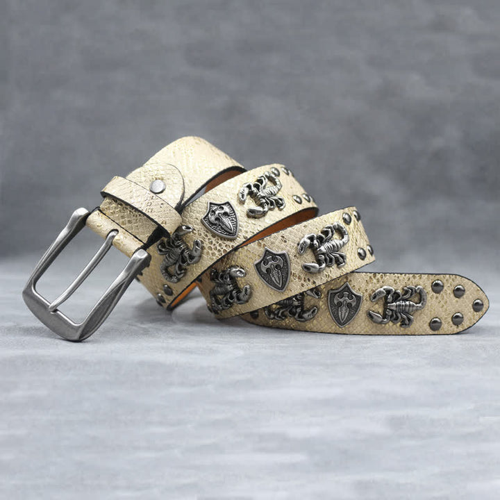 Antique Silver Scorpion Rivet Black Snakeskin Print Leather Belt - image 9
