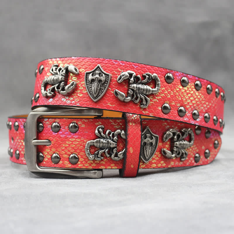 Antique Silver Scorpion Rivet Black Snakeskin Print Leather Belt - Red - 44 - image 10