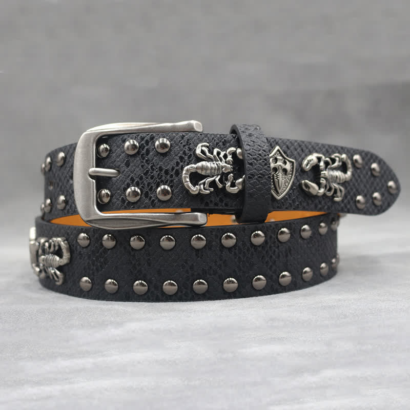 Antique Silver Scorpion Rivet Black Snakeskin Print Leather Belt - image 4