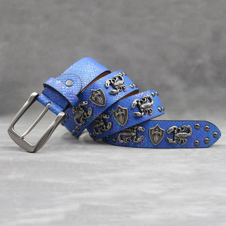 Antique Silver Scorpion Rivet Black Snakeskin Print Leather Belt - image 15