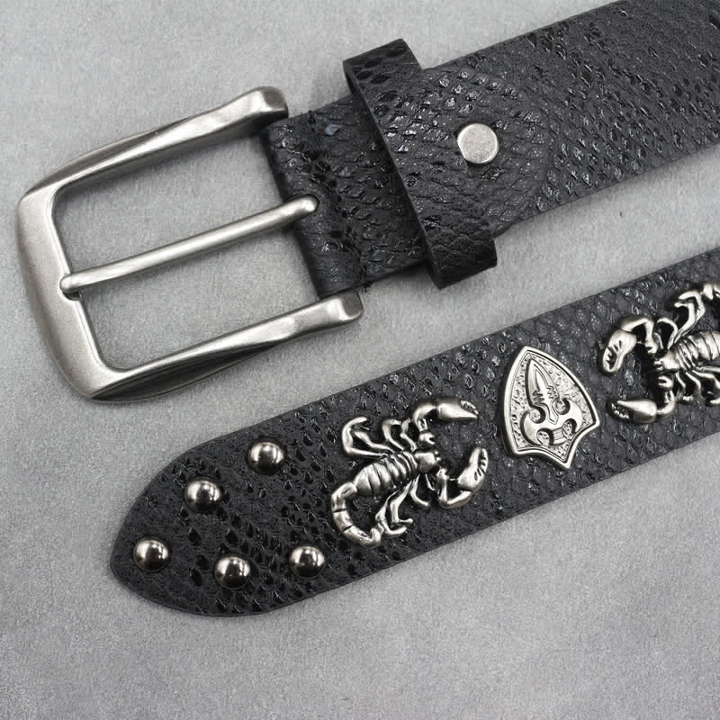 Antique Silver Scorpion Rivet Black Snakeskin Print Leather Belt - image 2