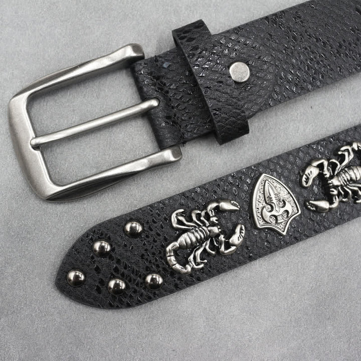 Antique Silver Scorpion Rivet Black Snakeskin Print Leather Belt - image 2