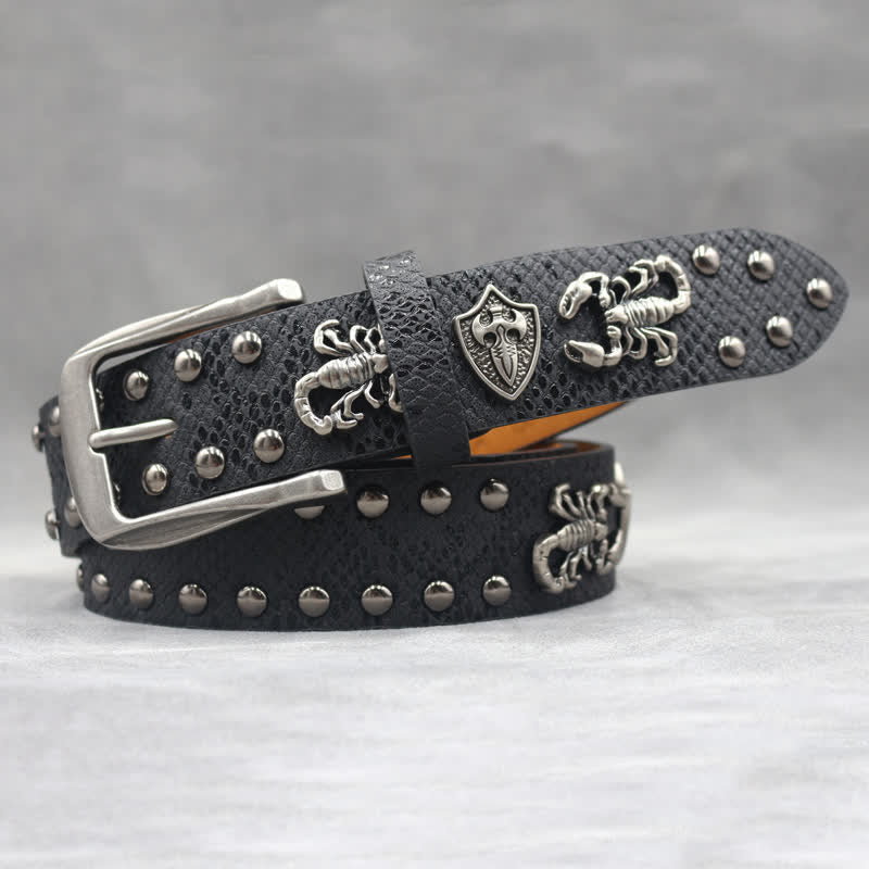 Antique Silver Scorpion Rivet Black Snakeskin Print Leather Belt - image 3