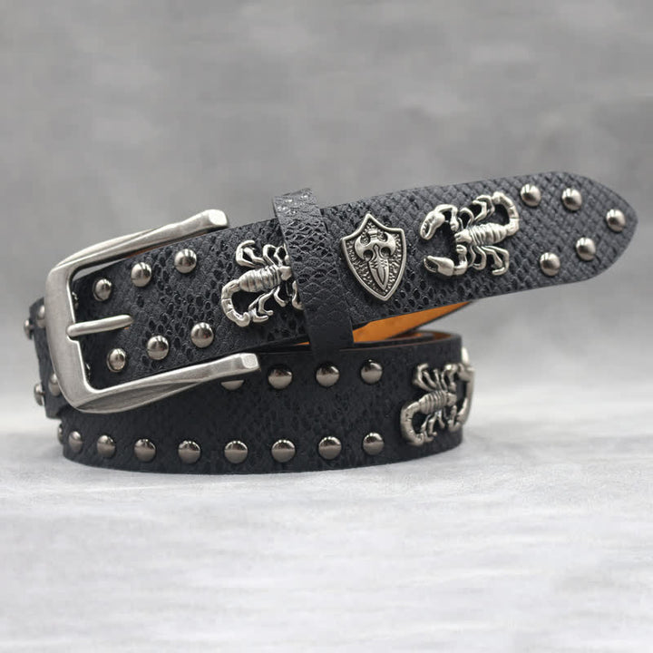 Antique Silver Scorpion Rivet Black Snakeskin Print Leather Belt - image 3