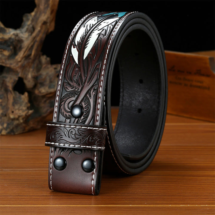 Punk Feather Embossed DIY Leather Belt Strap without Belt Buckle - image 1