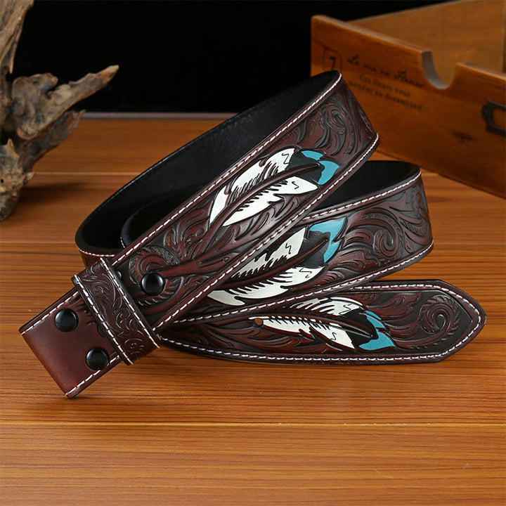Punk Feather Embossed DIY Leather Belt Strap without Belt Buckle - Coffee - 42 - image 0