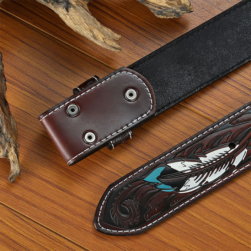 Punk Feather Embossed DIY Leather Belt Strap without Belt Buckle - image 3