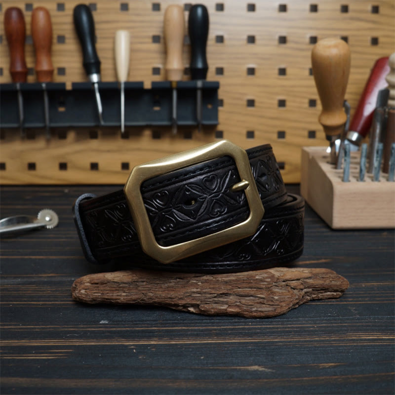 Solid Brass Buckle Western Stitched Leather Belt - Black - 46 - image 9