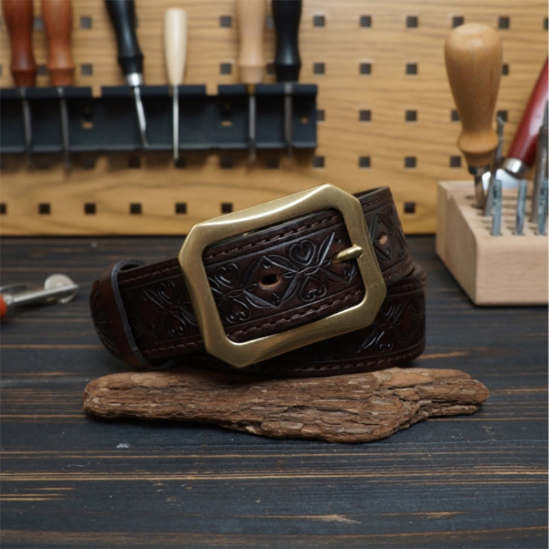 Solid Brass Buckle Western Stitched Leather Belt - Coffee - 46 - image 7