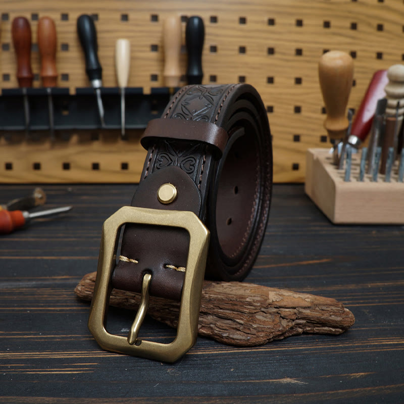 Solid Brass Buckle Western Stitched Leather Belt - image 8