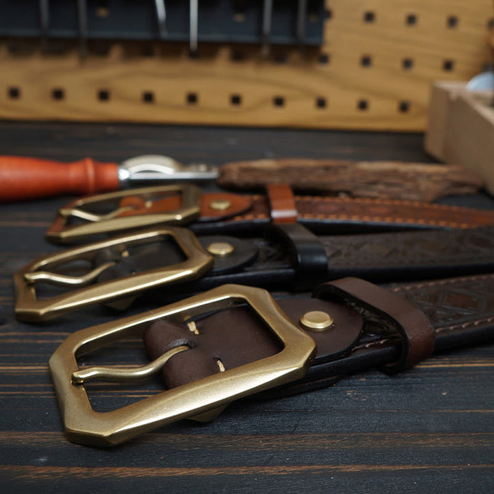 Solid Brass Buckle Western Stitched Leather Belt - image 5