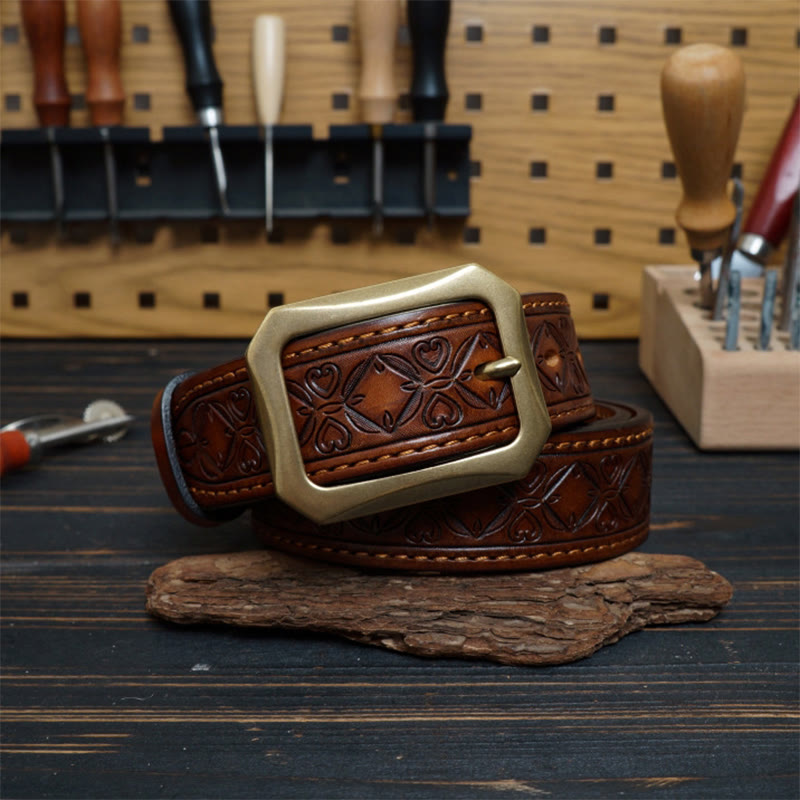 Solid Brass Buckle Western Stitched Leather Belt - Khaki - 46 - image 0