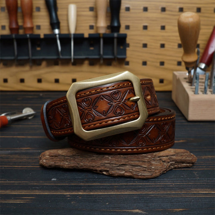 Solid Brass Buckle Western Stitched Leather Belt - Khaki - 46 - image 0