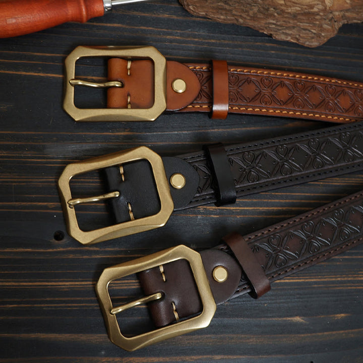 Solid Brass Buckle Western Stitched Leather Belt