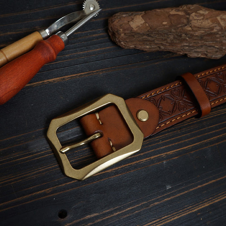 Solid Brass Buckle Western Stitched Leather Belt