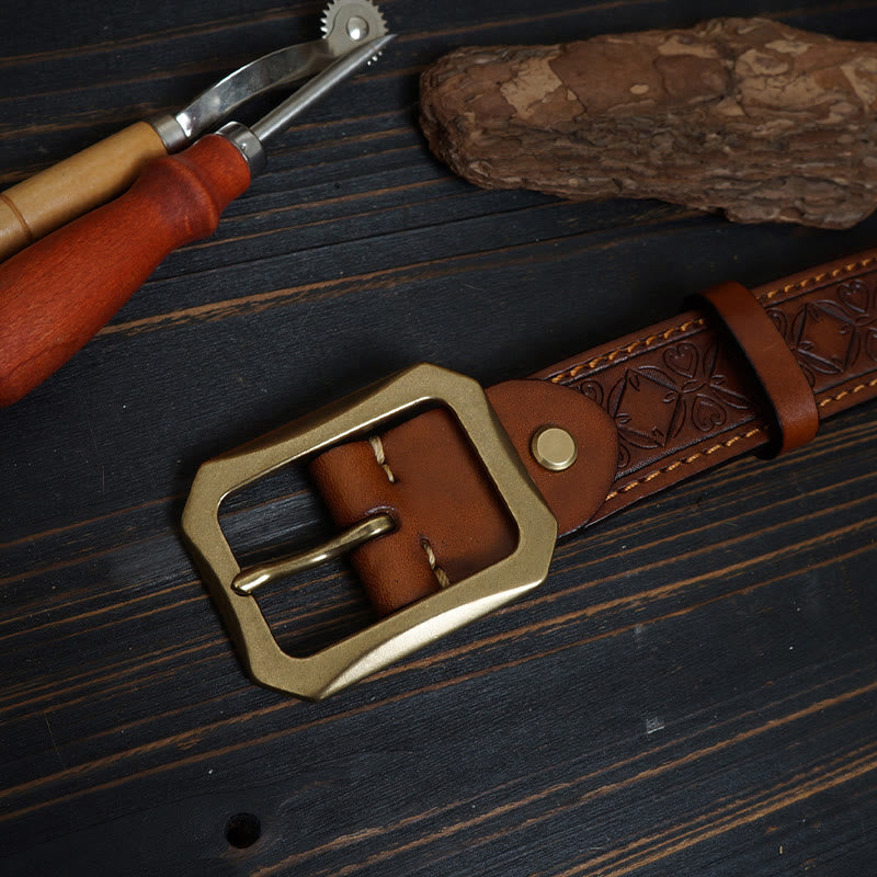 Solid Brass Buckle Western Stitched Leather Belt - image 4