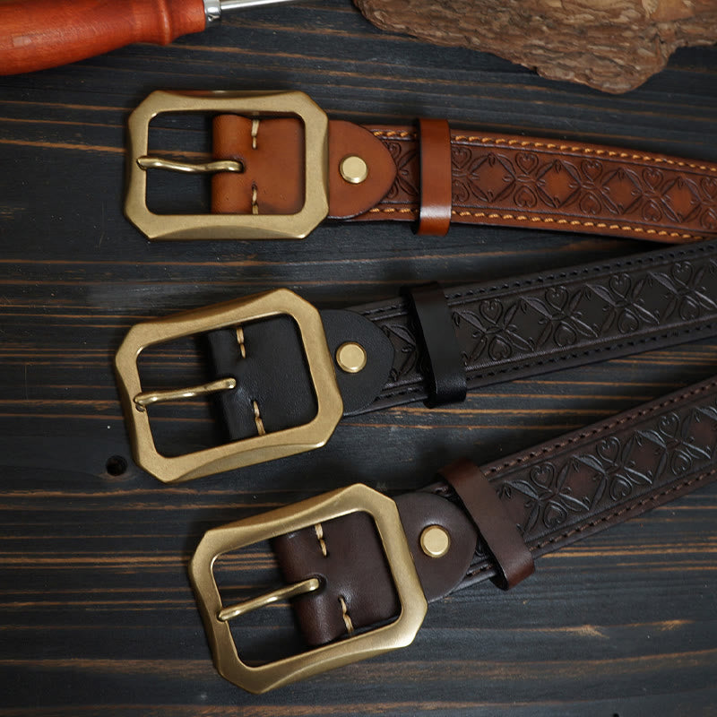 Solid Brass Buckle Western Stitched Leather Belt - image 2