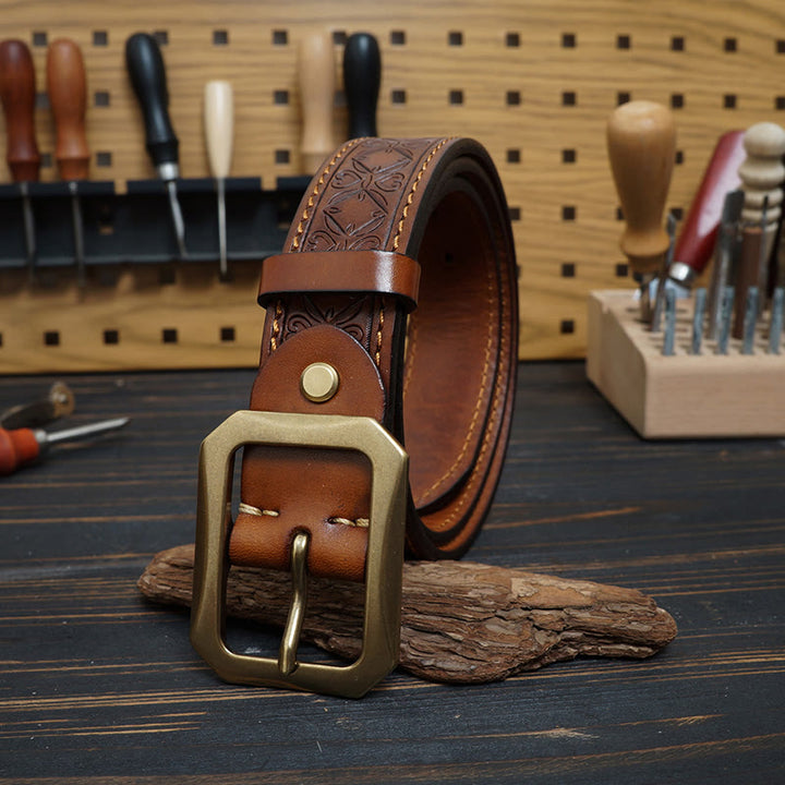 Solid Brass Buckle Western Stitched Leather Belt - image 1