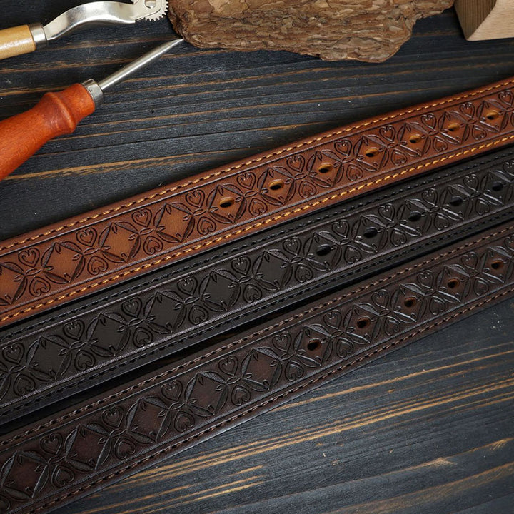 Solid Brass Buckle Western Stitched Leather Belt