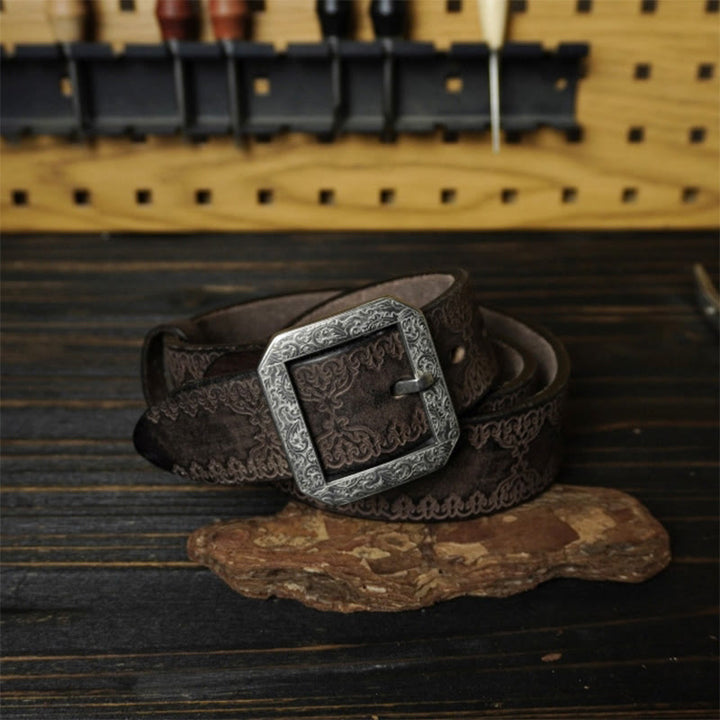 Stainless Steel Buckle Western Embossing Leather Belt - Coffee - 46 - image 3