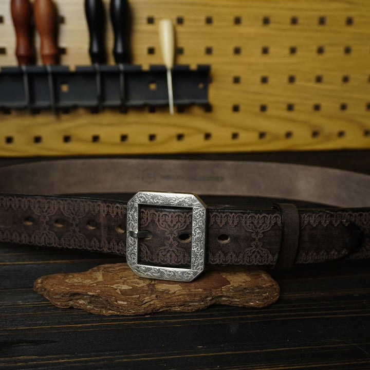 Stainless Steel Buckle Western Embossing Leather Belt - image 4