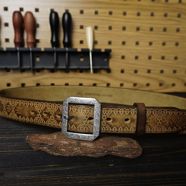 Stainless Steel Buckle Western Embossing Leather Belt - image 1