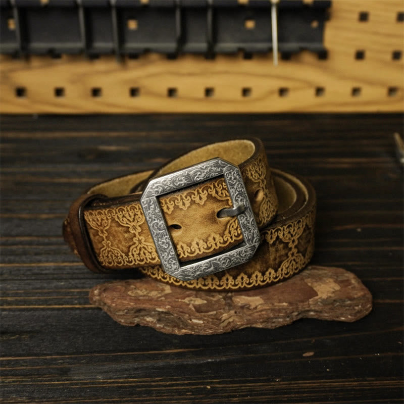 Stainless Steel Buckle Western Embossing Leather Belt - Khaki - 46 - image 0