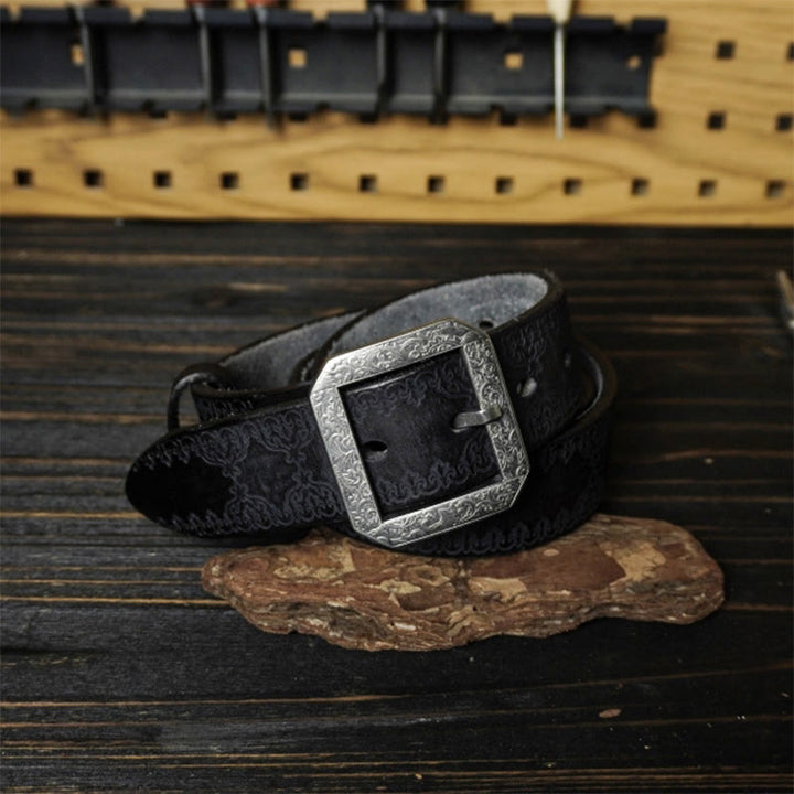 Stainless Steel Buckle Western Embossing Leather Belt - Black - 46 - image 5