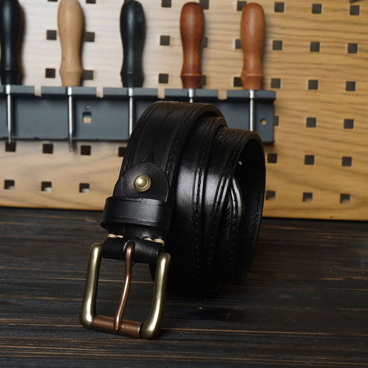 Solid Brass Buckle Western Embossed Flower Leather Belt